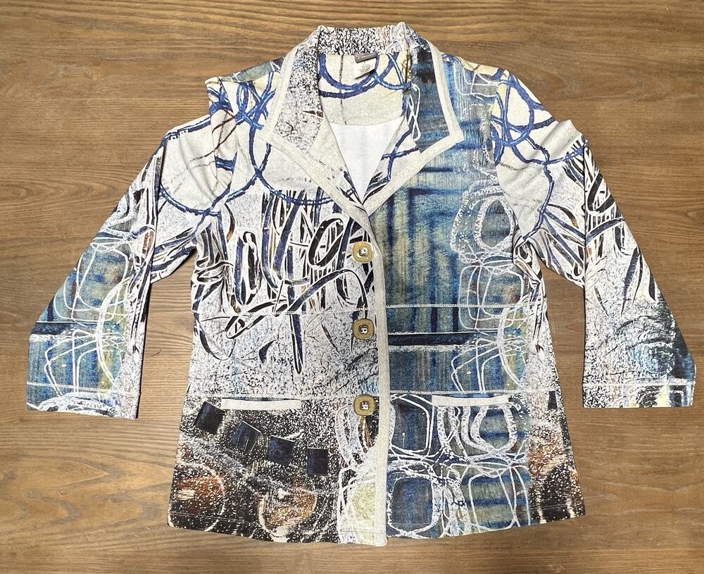 Simply Art Dolcezza Jacket Womens L Abstract Blue Art Print Blazer Stretch 18695